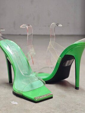 Green & Clear PVC High Heel Slip-On Sandals With Rhinestone Detail Square Toe St